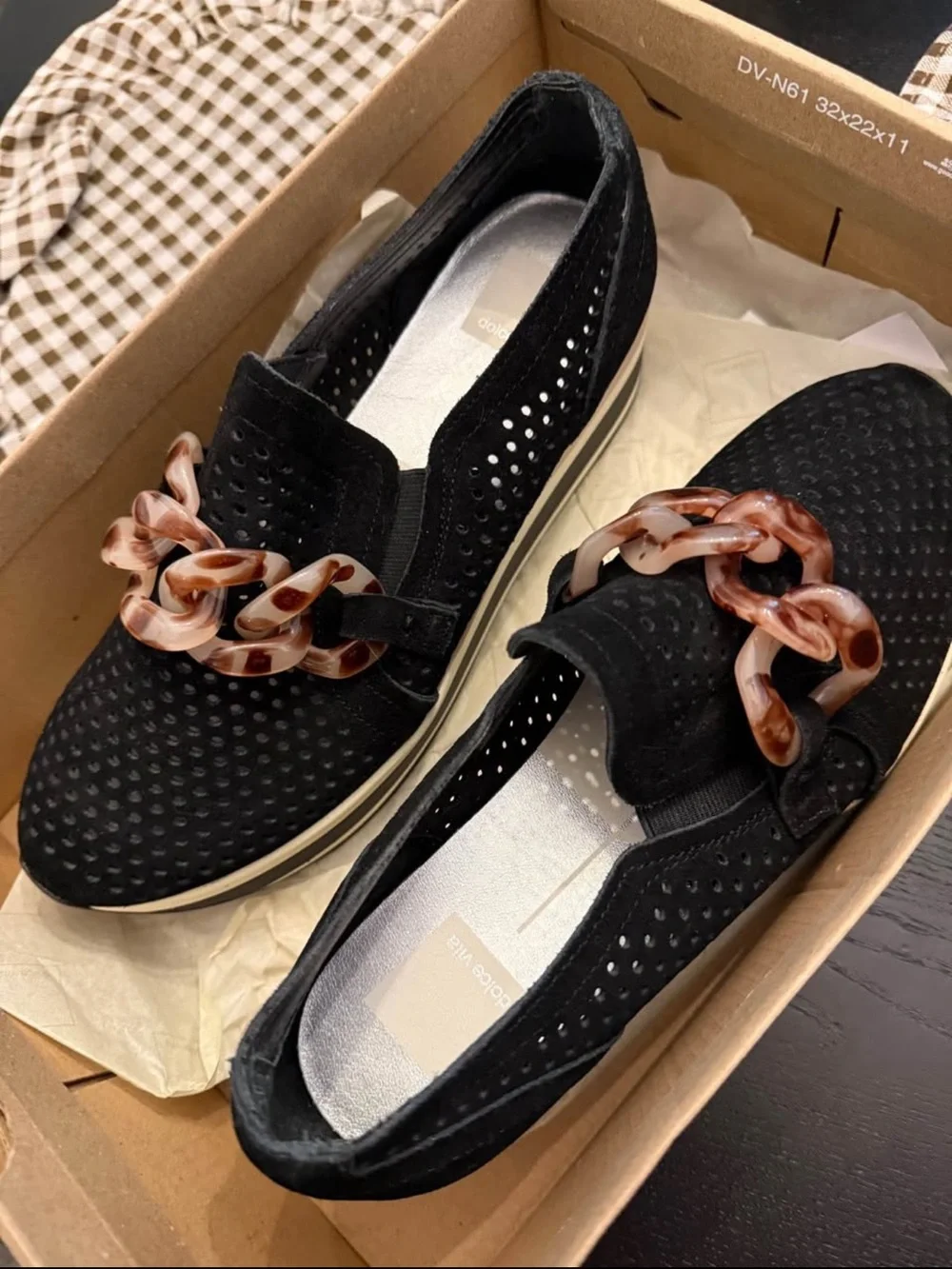 Dolce Vita Black Perforated Slip-On Flats with Brown Tortoiseshell Chain